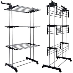 Bricozone Stendibiancheria A Rotelle A Torre Verticale Stendino In Acciaio E ABS Salvaspazio Con Ali Richiudibile 169 x 75.5 x 63.5 Cm 4 Piani Ripiani Pieghevole Modulabile Biancheria Interno Esterno (Nero)