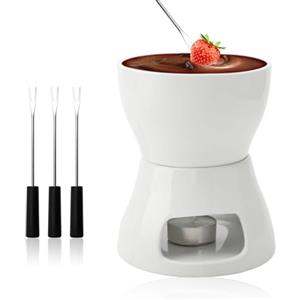 DAWRIS Set Fonduta in Ceramica per Cioccolato e Formaggio, Ciotola in Ceramica con Portacandela e 4 Gabeln, Set Fonduta per Cioccolato e Formaggio per Famiglia e Dessert