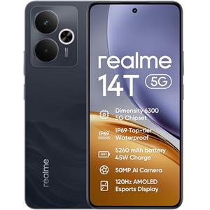 realme Smartphone realme 14T 5g, 8+256GB,batteria 5260 mAh,Processore Dimensity 6300, IP69, display 120Hz,Fotocamera AI da 50MP,Obsidian Black, esclusiva Amazon(Nessun adattatore)