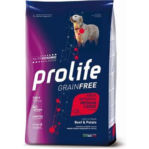 Prolife 10 kg Prolife Grain Free Sensitive Alimento Cibo Crocchette Croccantini per Cani Adulti di Taglia Media e Large con Manzo Fresco e Patate No Gluten