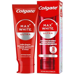 Colgate Dentifricio Sbiancante Max White Ultra Active Foam 50 ml I Denti Più Bianchi in Soli 3 Giorni * I Azione Ossigenata ad Assorbimento Profondo I Clinicamente Testato I Sbiancamento denti