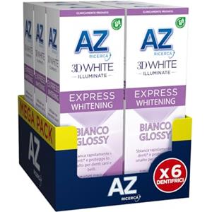 AZ Ricerca DENTIFRICIO 3D White Illuminate Express Whitening BIANCO GLOSSY, SBIANCA Rapidamente e PROTEGGE lo Smalto, RIMUOVE fino al 100% delle MACCHIE, Confezione da 6 (6x50ml), MENTA EUCALIPTO