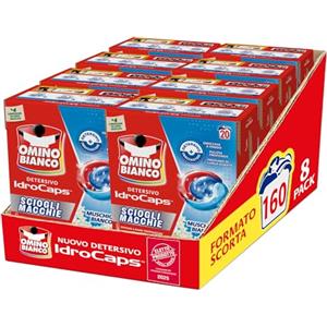 Omino Bianco Idrocaps - Detersivo Lavatrice In Capsule Sciogli Macchie, 160 Lavaggi, Efficace a Basse Temperature, Profumo Muschio Bianco, 20 Caps x 8 Confezioni