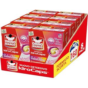 Omino Bianco Idrocaps - Detersivo Lavatrice In Capsule Salva Fibre, 160 Lavaggi, Efficace a Basse Temperature, Profumo Ninfea Rosa, 20 Caps x 8 Confezioni