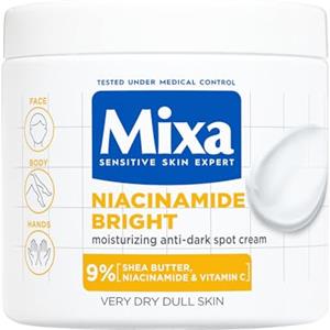Mixa Crema Idratante Anti-Macchie, Per Pelle Secca e Spenta, Pelle Idratata per 48H, Incarnato Luminoso e Uniforme, Con il 9% di Niacinamide, Vitamina C e Burro di Karité, Niacinamide Bright, 400 ml