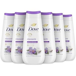 Dove Bagnoschiuma Rilassante, Bagnodoccia Idratante, Formula Delicata sul Microbioma della Pelle, con Agenti Idratanti Vegetali, Senza Solfati SLES, Bagnodoccia Uomo e Donna, 6 Pezzi da 225 ml