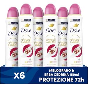 Dove Deodorante Spray Advanced Care Go Fresh Melograno, con Formula Idratante e Delicata sulla Pelle, Senza Alcol, Pelle Asciutta Fino a 72 Ore, Deodorante Uomo e Donna, 6 Pezzi da 150ml