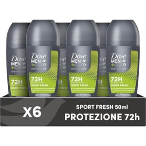 Dove Men + Care Dove Men+Care Deodorante Roll On Advanced Care Sport Fresh, Deodorante Uomo Antitraspirante Senza Alcol, con 1/4 di Crema Idratante, Protezione Fino a 72 Ore, 6 Pezzi da 50 ml