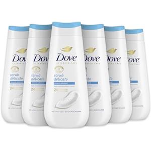 Dove Bagnoschiuma Scrub Delicato, Bagnodoccia Idratante, Formula Delicata sul Microbioma della Pelle, con Agenti Idratanti Vegetali, Senza Solfati SLES, Bagnodoccia Uomo e Donna, 6 Pezzi da 225 ml