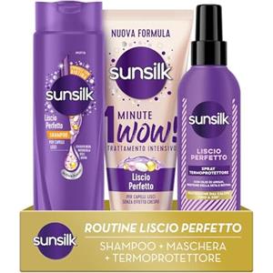 Sunsilk Kit Liscio Perfetto, con Shampoo 250ml, Maschera 1 Minute WOW 180ml e Spray Termoprotettore Capelli 200ml, Anticrespo Capelli, Protegge dal Calore di Phon e Piastra