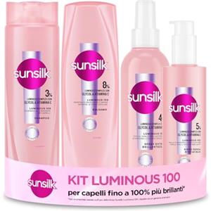 Sunsilk Kit Luminous 100, Set Cura Capelli, con Shampoo 250ml, Balsamo Capelli 200ml, Siero 200ml e Spray Extra Brillantezza 200ml, Luminous Complex con Glycol&Vitamina C, Luminosità Effetto Specchio