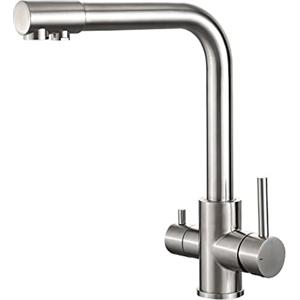 IBERGRIF M22109A Rubinetto Filtro Acqua 3 Vie, Rubinetti Cucina Miscelatore Lavello Miscelatore Girevole con 2 Maniglie, Rubinetto Acqua Calda, Fredda e Filtro per Cucina, Nichel Spazzolato