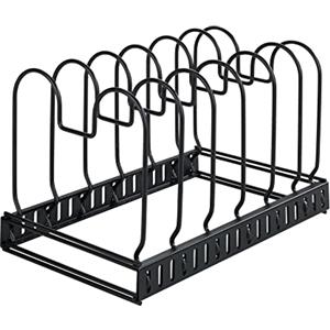 WENKO Portacoperchi Nero, porta padelle estraibile con 6 scomparti variabili, scolapiatti salvaspazio per padelle, coperchi, taglieri, 30-57 x 18 x 18 cm, metallo verniciato a polvere