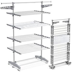 VOUNOT® Stendino Verticale a Torre, Stendibiancheria Pieghevole in Acciaio Inox con Ripiani Regolabili, 6 Ruote e Rete Asciugatura, 4 Livelli