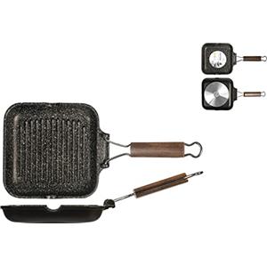 Home H&H Bistecchiera Antiaderente in Pietra, Manico Pieghevole, 20 cm, Nero