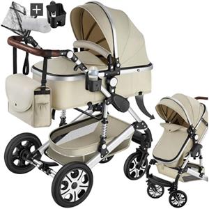 tectake® Passeggino Combinato Pieghevole, 2 in 1, Passeggino Leggero con Cintura a 5 Punti Regolabile, Freno a Pedale, Tettuccio Parasole, Passeggino per Bambini da 0 a 3 Anni - Grigio/Beige