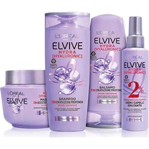 L'Oréal Paris Elvive Routine Completa Hydra Hyaluronic Kit Con Shampoo, Balsamo, Maschera e Siero Spray, Per Capelli Disidratati 72 Ore, Idratazione Profonda Con Acido Ialuronico, 4 Pezzi
