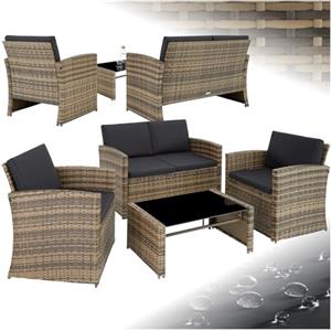 TecTake® Salottino in Rattan, 2 Poltrone, Divano, Tavolo Piano in Vetro Rimovibile, Cuscini Comodi, Viti in Acciaio Inox, Salottino da Giardino Esterno, Salotto Esterno - Naturale/grigio Scuro