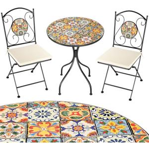 BAKAJI Set Tavolo 60 x 70 cm + 2 Sedie Pieghevoli con Decorazione Mosaico, Tavolino Resistente Salvaspazio per Arredo Esterno, Giardino, Terrazzo, Struttura in Metallo Colore Nero (Design 2)