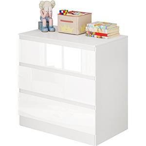 WOLTU Cassettiera in Truciolare con 3 Cassetti in Bianco Lucido, Mobiletto per Camera da Letto, Comodino Salvaspazio per Divano, Soggiorno, Ufficio, 80x48x78cm