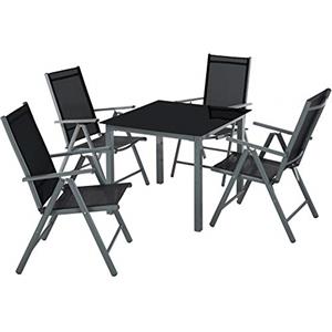 TecTake® Set Tavolo da Esterno con Sedie, 1 Tavolo da Giardino con Piano in Vetro e 4 Sedie Pieghevoli, Schienale Reclinabile in 8 Posizioni, Set Resistente alle Intemperie - Grigio Scuro