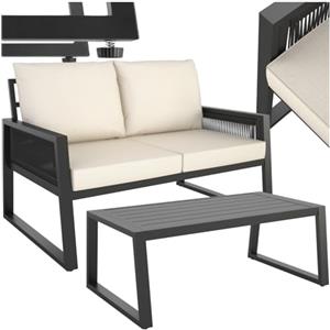 TecTake® Set Salottino da Giardino, Telaio in Alluminio Antiruggine, Divano, Cuscini Spessi, Tavolo da Giardino, Regolabile, Set Salotto da Esterno, Design a Corda - Stile 2, 2 Posti + Tavolo