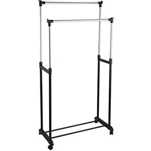 BAKAJI Stand Appendiabiti Allungabile Telescopico Doppio con Ruote Girevoli 80 x 40 x 90/165 cm Regolabile Attaccapanni Negozio Casa Hotel, in Acciaio Cromato e ABS (Doppio)