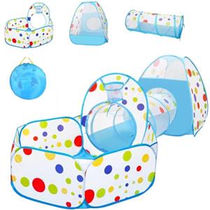 BAKAJI Tenda Gioco 3 in 1 per Bambini, Pieghevole e Salvaspazio con Borsetta per Trasporto Richiudibile, Giocattolo Tenda Pop Up per Bambino e Bambina con Casetta, Tunnel e Piscina di Palline (Blu)