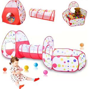 BAKAJI Tenda Gioco 3 in 1 per Bambini, Pieghevole e Salvaspazio con Borsetta per Trasporto Richiudibile, Giocattolo Tenda Pop Up per Bambino e Bambina con Casetta, Tunnel e Piscina di Palline (Rosso)