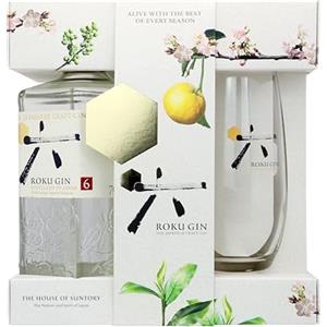 Roku Gin Confezione con bicchiere serigrafato Roku - 1 bottiglia da 700ml di Gin Artigiale Giapponese composto da 6 botaniche + 1 bicchiere Roku Gin