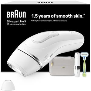 Braun Silk-expert Pro 3 Epilatore LUCE PULSATA, Alternativa al laser, Ideale per Zone Sensibili, Viso, Bikini e Ascelle, MicroHair Remover, 2 Testine, 1 Rasoio, Idea Regalo, PL3139 Bianco/Argento