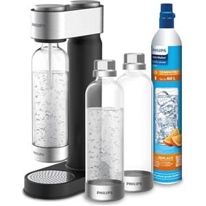 Philips ADD4902BKA/10 GoZero, 3 bottiglie d'acqua senza BPA, in plastica, 1 cilindro CO2 per fino a 60 l di acqua gassata, colore: nero