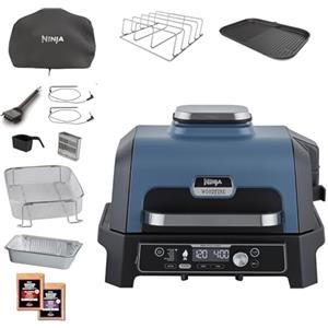 Ninja Woodfire Pro Connect XL Barbecue Elettrico, Griglia, Affumicatore, Friggitrice ad Aria 7 in 1, Controllo con App, 2 Termometri, Griglia per Costicine, Copertura e Spazzola, Blu/Nero, OG901EUAMZ