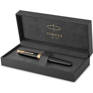 PARKER Sonnet Penna Stilografica, Laccatura di Colore Nero con Finiture in Oro, Pennino Medio, Confezione Regalo