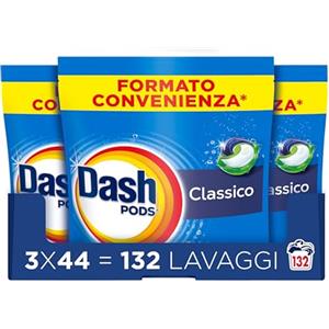 Dash Pods Detersivo In Capsule, 132 Lavaggi, Classico, Rimuove Le Macchie, Igienizza, Brillantezza Per I Capi (44x3)