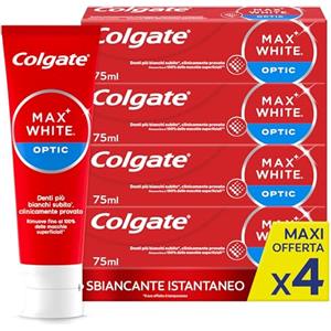 Colgate Dentifricio Sbiancante Max White Optic 4 Confezioni da 75 ml I Clinicamente Provato per Rimuovere Fino al 100% delle Macchie Superficialil I Denti più bianchi I Sbiancamento denti istantaneo