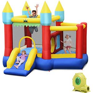 COSTWAY Castello Gonfiabile Per Bambini, con Scivolo, 100 Palline, Borsa di Trasporto e Kit di Riparazione, per 3 Bambini 3-10 anni, Regalo Perfetto per Bambini (con Soffiatore 450W)