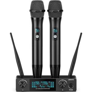 LEKATO Microfoni senza fili, kit di microfoni dinamici doppi senza fili per il canto Karaoke con ricevitore per Karaoke, chiesa, eventi all'aperto, 2x15 frequenze UHF regolabili, 200FT