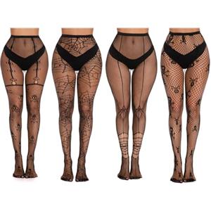 FENGCHUANG 4 Pezzi Collant Donna Nere Donna Calze Sexy Halloween Costume Ragnatela Calze a Rete Nere con Teschi, Calze Halloween Donna Ragnatela per Halloween, Feste, Carnevale