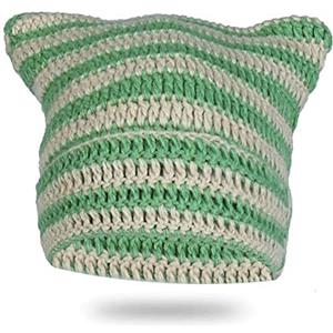 LEJAHAO Berretto Lana Donna Invernale Cappello a Maglia Righe Pile Y2K Beanie Hat Cat con Orecchie Gatto Verde