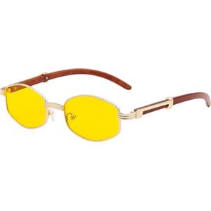 YAMEIZE Vintage Occhiali da Sole da Uomo Donna Esagono in Legno Retrò Piccolo Ovale Occhiali da Sole Anni '70 Stile Metallo UV400