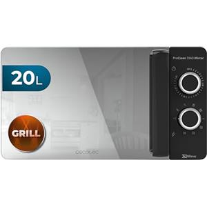 Cecotec Microondas de 20 Litros ProClean 3140 Mirror. 700 W con 6 Niveles, Grill 800W, Revestimiento Ready2Clean para mejor Limpieza, Tecnología 3DWave, Negro con Efecto Espejo