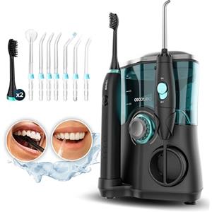 Cecotec Centro di Cura Orale ToothCare Jet Clean. 18 W, Irrigatore con capacità di 600 ml, 10 livelli di pressione, 7 testine e Spazzolino Elettrico con 5 modalità.