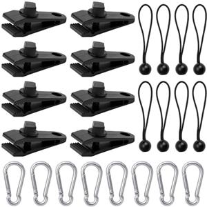 UNINGYI Set di 24 clip per teloni da tenda, 8 clip per telone pesanti, 8 corde per tende, 8 moschettoni per campeggio, tende da sole, teloni, roulotte