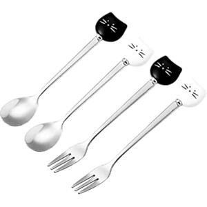 JIVIMOCO Set di Cucchiai e Forchette da caffè con Gatti Carini, Cucchiai da Dessert in Ceramica con Gatti in Acciaio Inossidabile, Cucchiai da Bevanda, Forchetta da Frutta, Resistenti, 14,5 cm