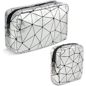 Playexen Trousse Trucchi Donna, 2 Pezzi Porta Trucchi Grande Piccola per Cosmetica, Pochette Donna Trucchi Multifunzionale Portatile Beauty Case da Viaggio, Borsa Impermeabile Idee Regalo Ragazza(Argento)