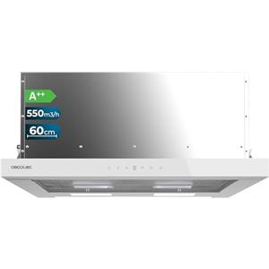 Cecotec Cappa Telescopica 60 cm Flux TLT 605500 White Black A++. Motore 70W, Basso Consumo, Fronte Vetro Nero, Aspirazione 550m³/h, Controllo Tattile e Gestuale, Filtro a Carboni Attivi, Bianco