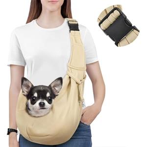 Pawaboo Borsa a Tracolla per Cani con Fibbia Regolabile Portacarte a Mani Libere, Guinzaglio di Sicurezza per Cuccioli e Gatti, Tracolla Extra Larga Porta-Animali (Fino a 12 Lbs., Cachi)