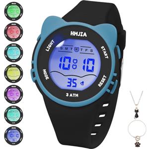 HMJIA Orologio e Collane per Bambina con Motivo Gatto 3ATM Impermeabile con luce Cronometro Allarme per Orologio Digitale Bambina Orologio bambini da 3 a 12 Anni (Nero)