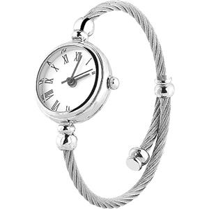 Pwshymi 4 Colori Femminile Analogico Rotondo Cinturino in Lega di Quarzo Cinturino Aperto Orologio da Polso, Braccialetto Al Quarzo Tono Moda Donna(Piatto bianco romano) Watches